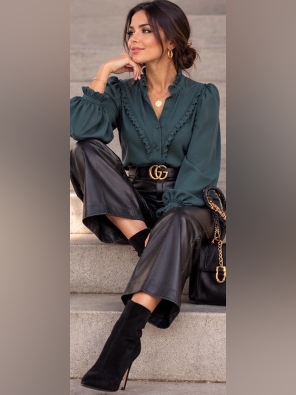 Ann Taylor Petite M Elegant Ruffled V-Neck Blouse - Deep Teal
